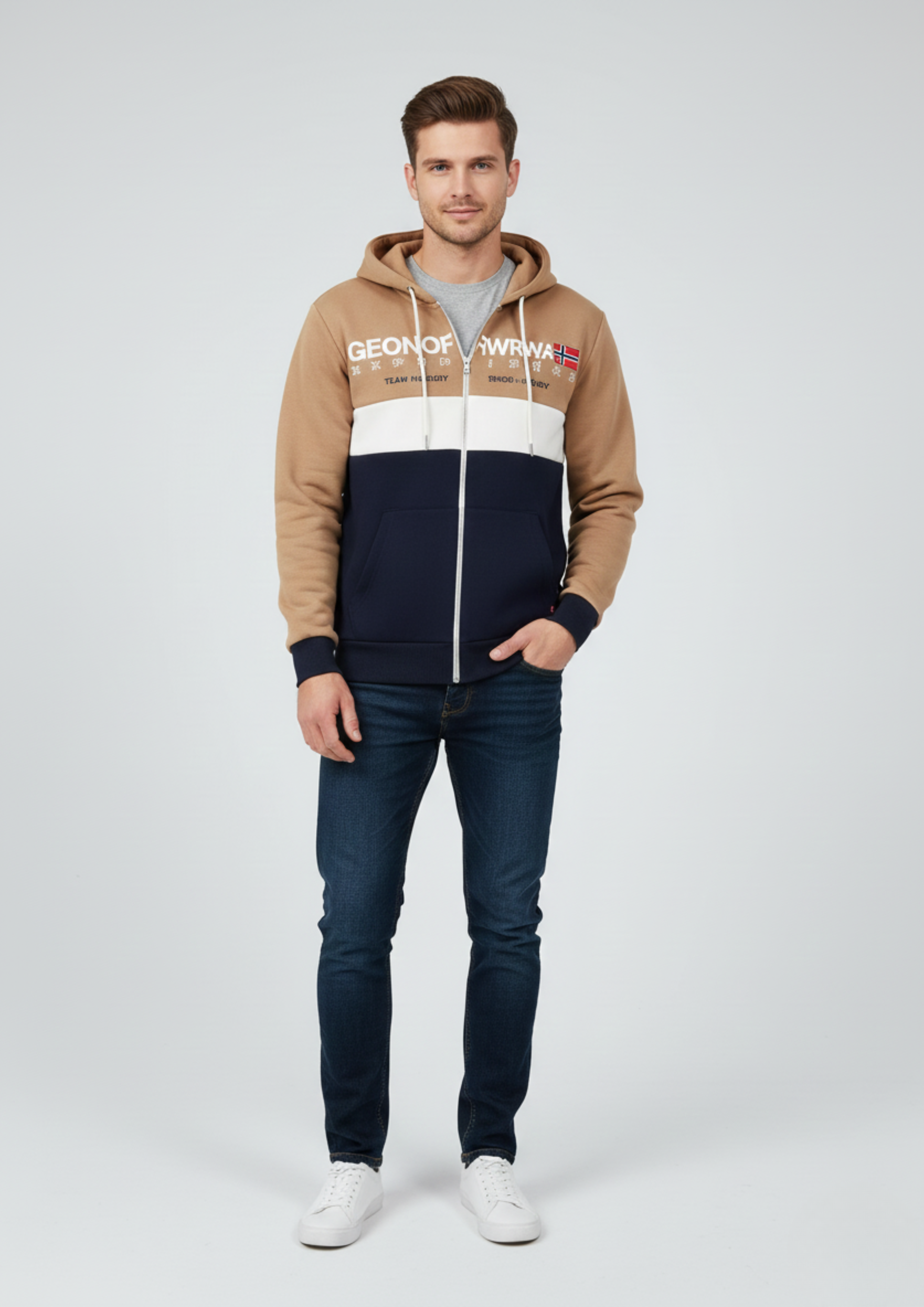 Heritage Camel & Navy Zipper Hoodie
