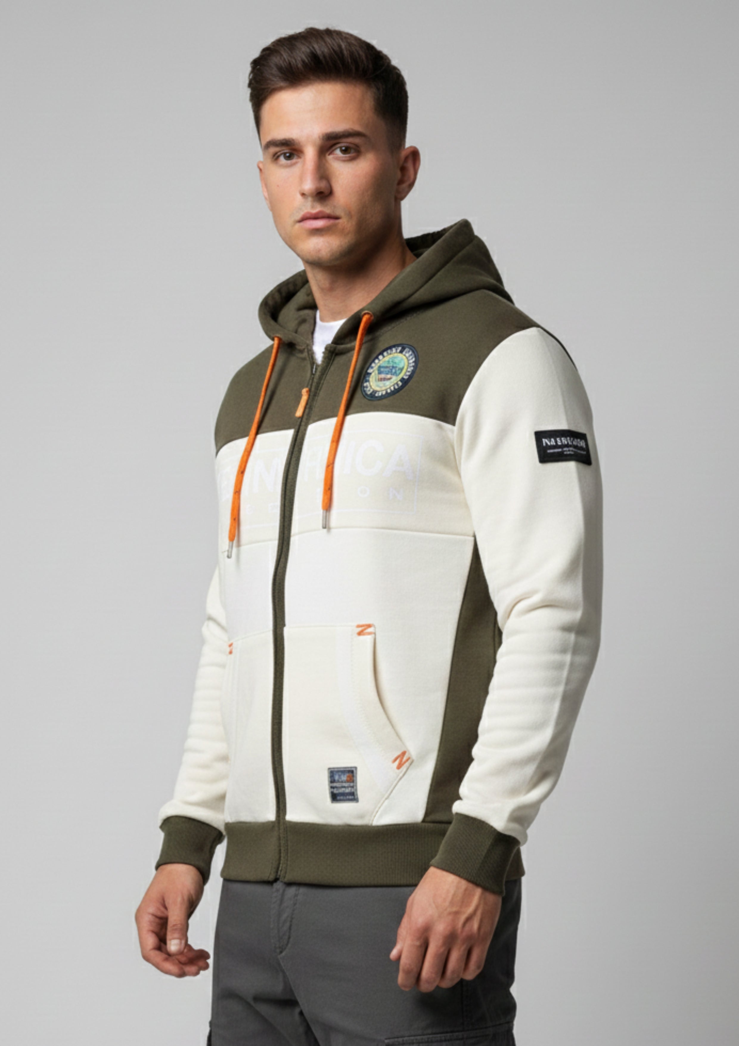 Luxe Dual-Tone Zipper Hoodie – Olive Cream