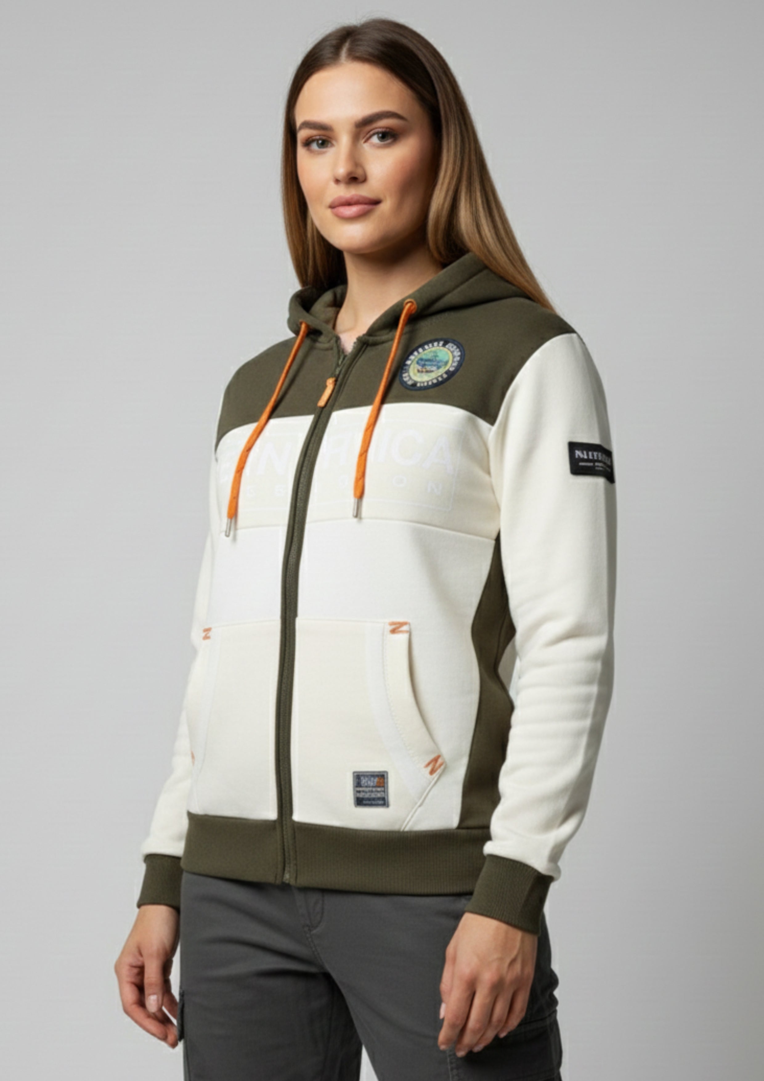 Luxe Dual-Tone Zipper Hoodie – Olive Cream